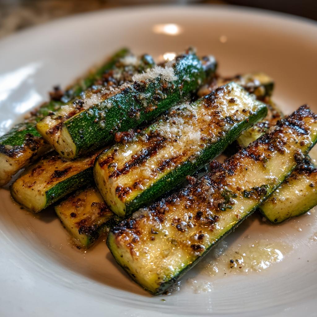 Close-up of grilled zucchini slices, seasoned with herbs and topped with grated Parmesan cheese.