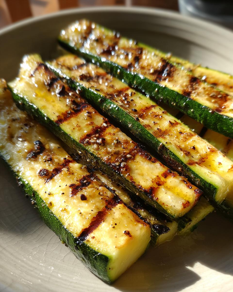 Close-up of perfectly grilled zucchini slices with char marks, seasoned and glistening.