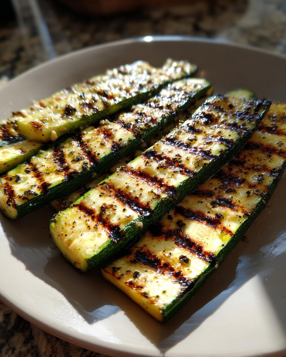 Close-up of perfectly grilled zucchini slices seasoned with herbs and spices, showcasing beautiful grill marks.