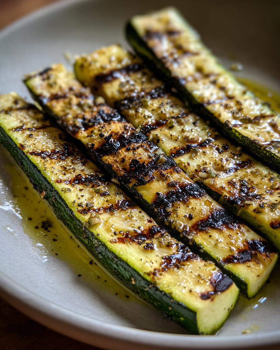 Close-up of perfectly grilled zucchini slices with char marks, drizzled with olive oil and herbs.