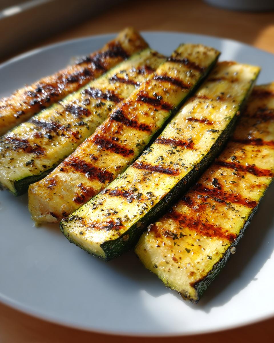 Close-up of perfectly grilled zucchini slices with char marks and seasoning, a delicious side dish.