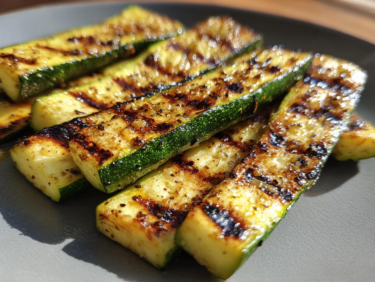Close-up of perfectly grilled zucchini slices with char marks, seasoned and ready to serve as a delicious side dish.
