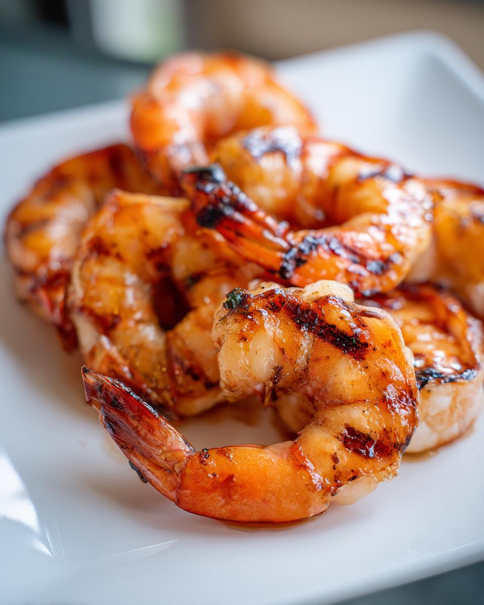 Close-up of perfectly grilled honey lime shrimp on a white plate, showcasing grill marks and a glossy glaze.