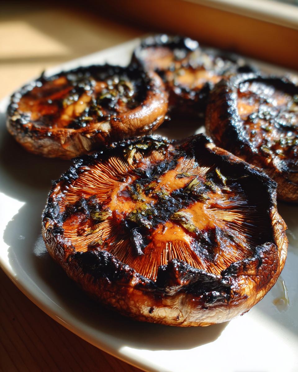 Close-up of perfectly grilled portobello mushrooms with visible grill marks and herbs, ready for an easy outdoor meal.