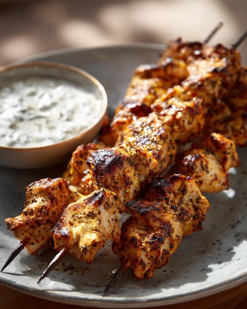 Close-up of smoky chicken skewers with a side of garlic yogurt dip, perfect for grilling recipes.