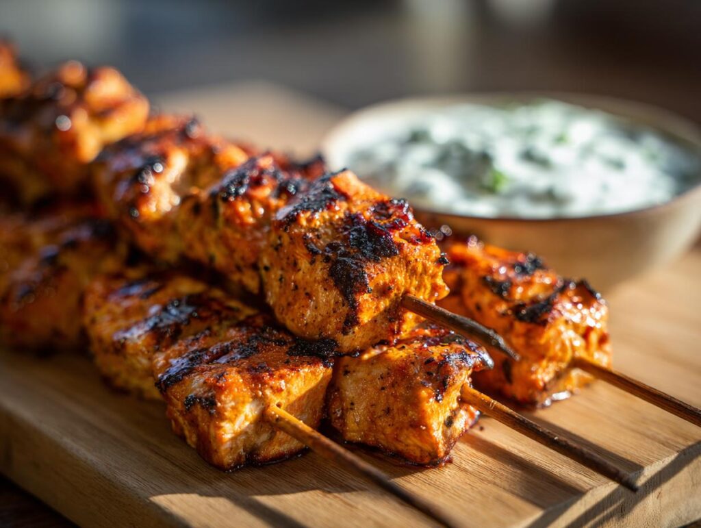 Close-up of smoky chicken skewers with char marks, served with a bowl of garlic yogurt dip.