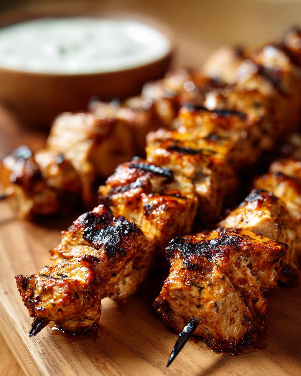 Close-up of juicy, grilled smoky chicken skewers with char marks, served on a wooden board with a bowl of garlic yogurt dip.