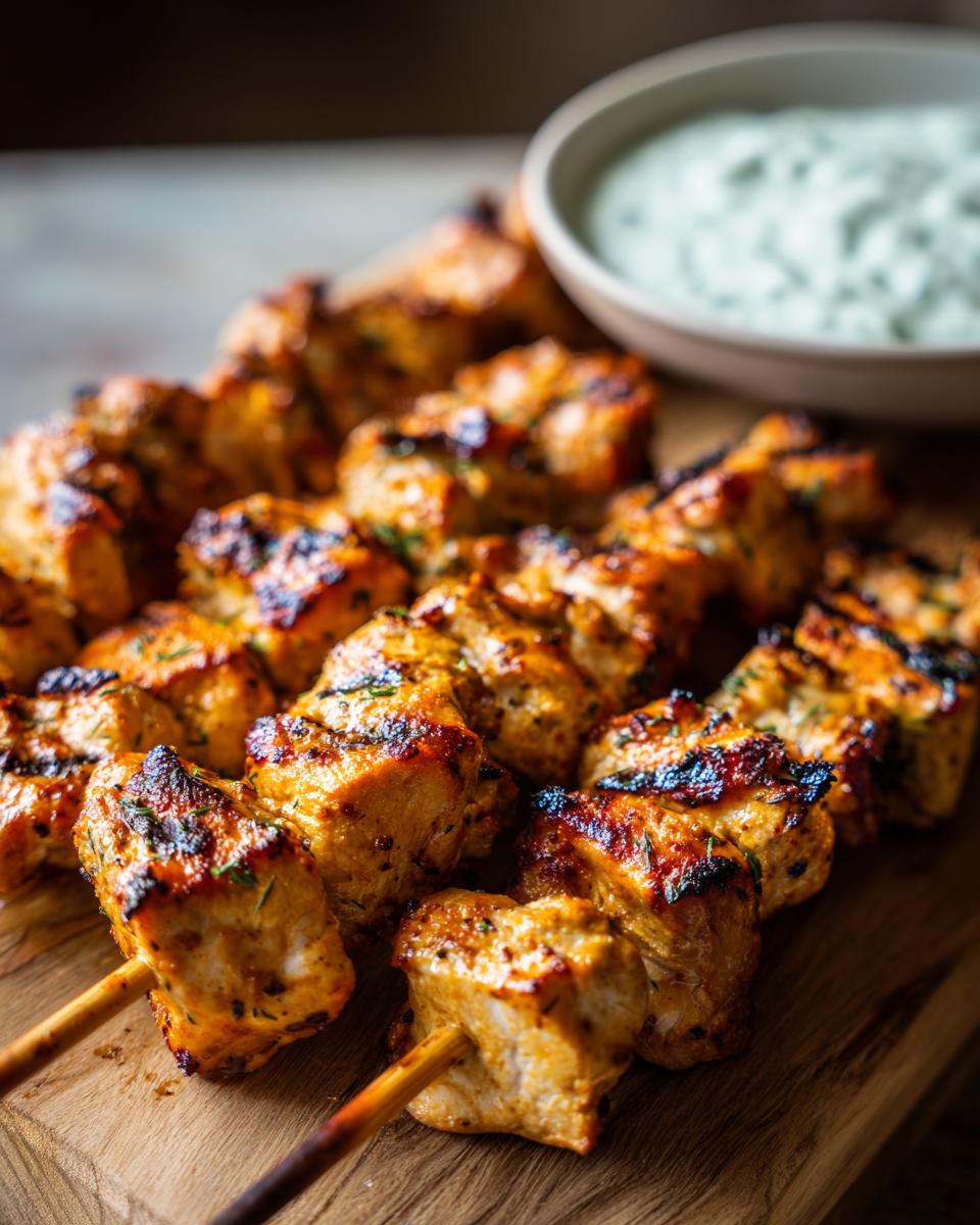 Close-up of perfectly grilled smoky chicken skewers with a side of creamy garlic yogurt dip.