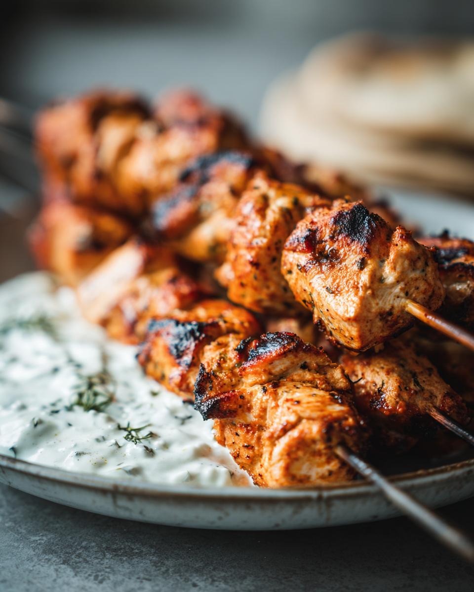 Close-up of perfectly grilled smoky chicken skewers served with creamy garlic yogurt dip.