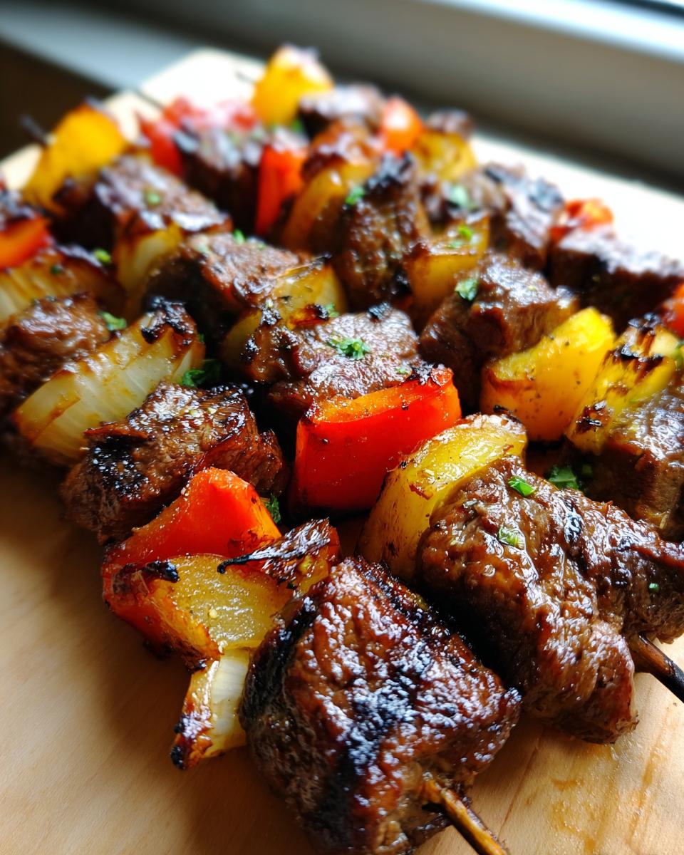 Close-up of perfectly grilled steak kabobs with colorful bell peppers and onions, seasoned and juicy.