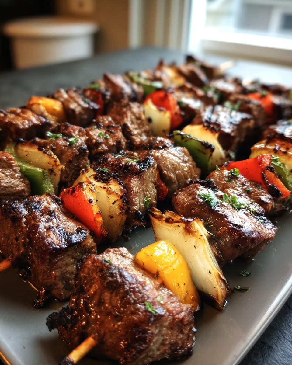Close-up of perfectly grilled steak kabobs with colorful bell peppers and onions, seasoned and garnished with herbs.
