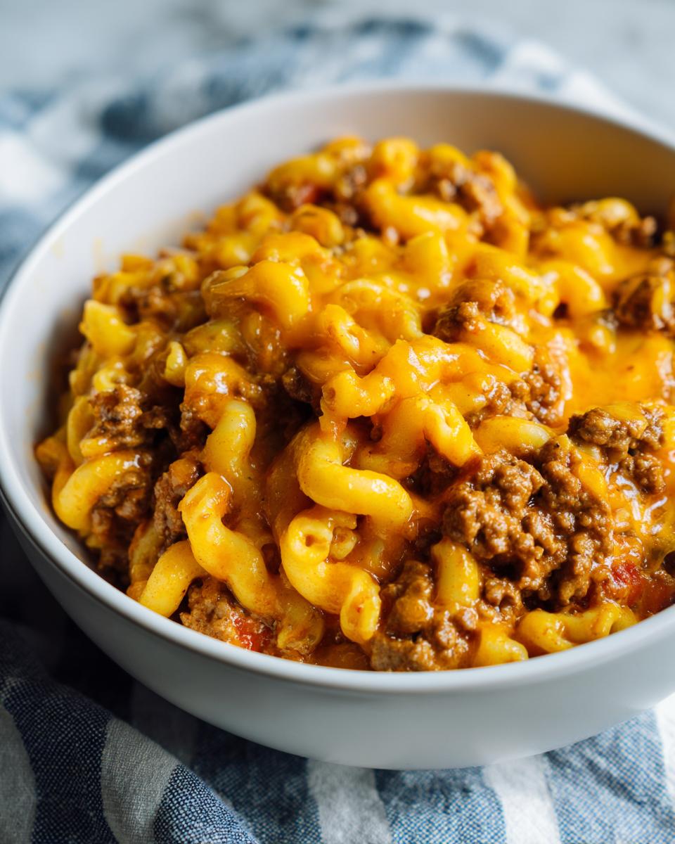 A bowl of cheesy taco pasta with ground beef and elbow macaroni, a perfect ground beef recipe for weeknights.