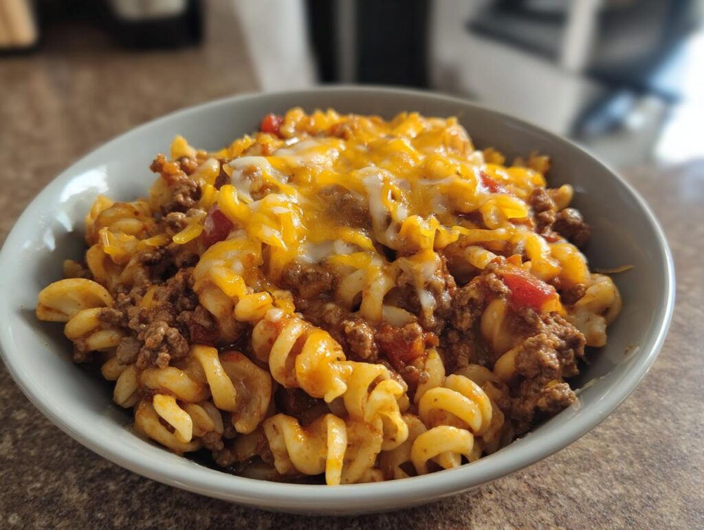 A bowl of cheesy taco pasta with ground beef and rotini pasta, topped with melted cheddar cheese.