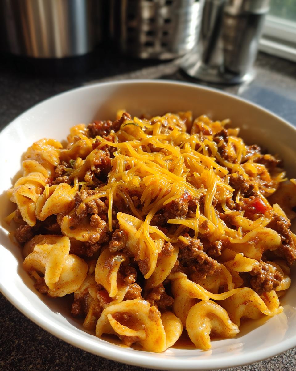 A bowl of cheesy taco pasta with ground beef and rotini pasta, topped with shredded cheddar cheese.