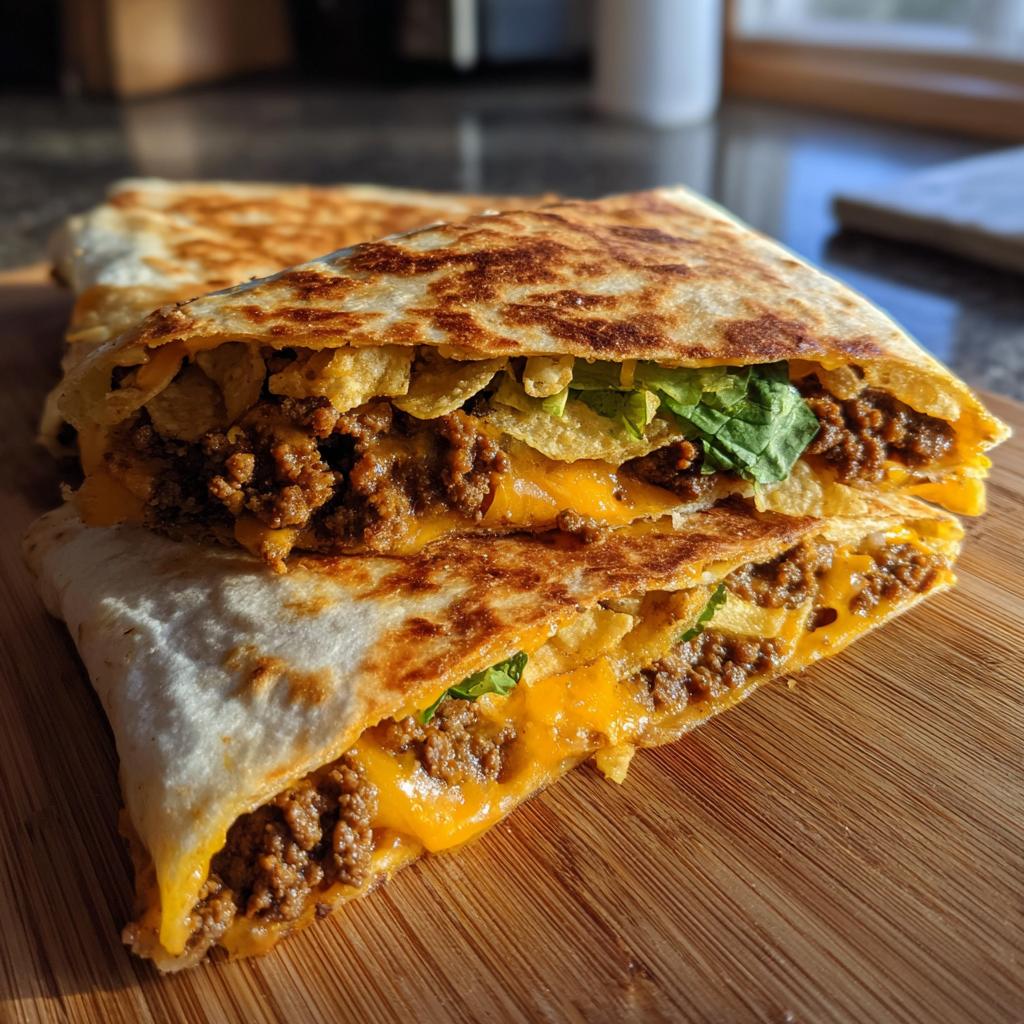 A close-up of a delicious ground beef crunchwrap cut in half, showing seasoned ground beef, melted cheese, lettuce, and crushed chips.