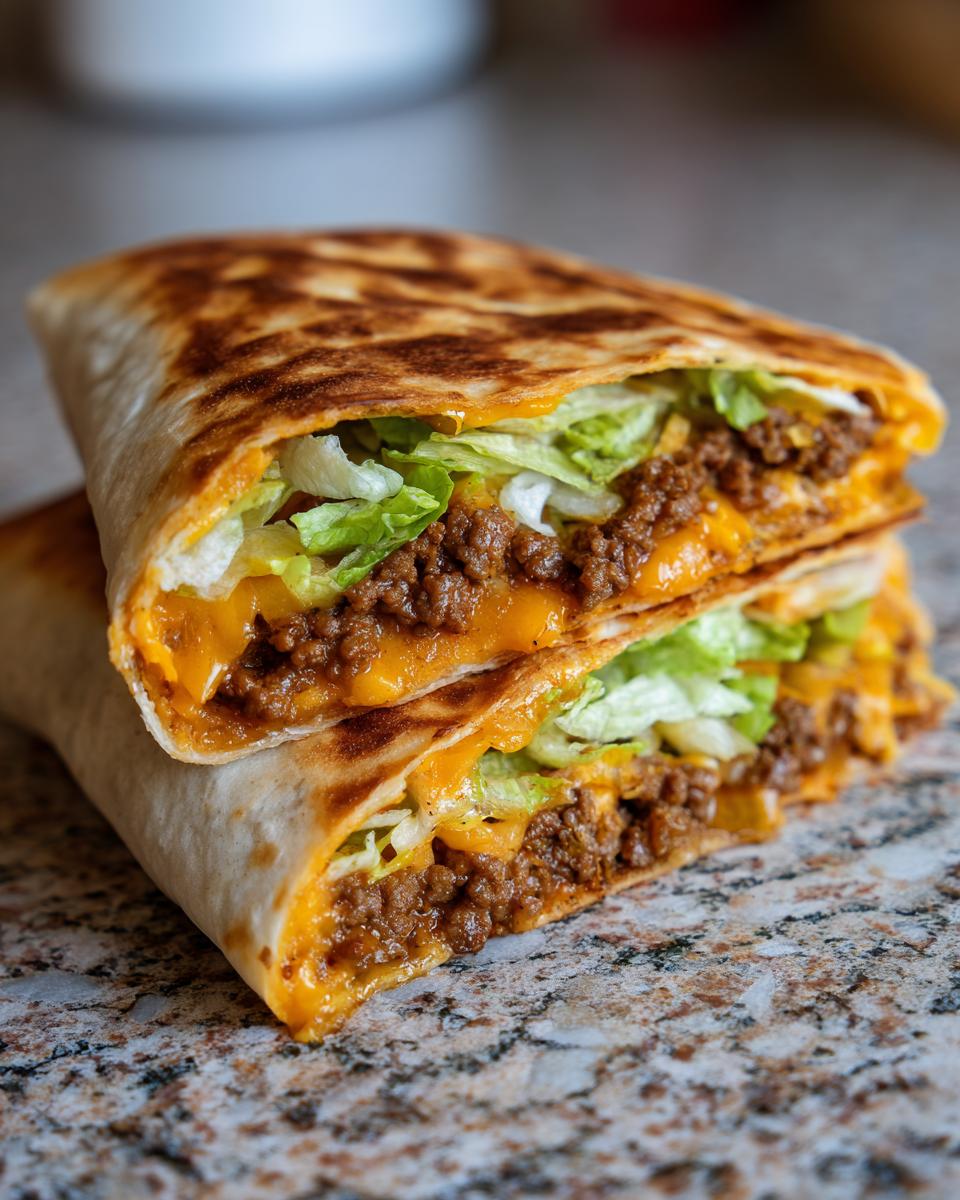 A close-up of a homemade ground beef crunchwrap, cut in half, revealing seasoned ground beef, melted cheese, and shredded lettuce.