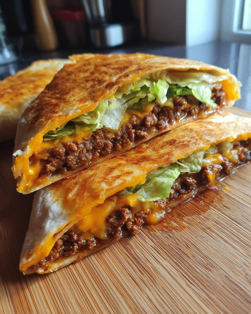 Close-up of a homemade ground beef crunchwrap, cut in half, showing seasoned ground beef, melted cheese, and shredded lettuce.