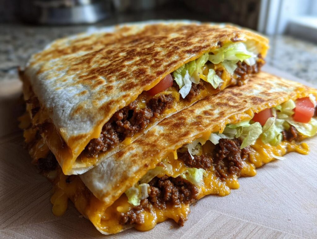 Close-up of two halves of a homemade ground beef crunchwrap, showing melted cheese, seasoned ground beef, lettuce, and tomato.