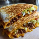 Close-up of two halves of a homemade ground beef crunchwrap, showing melted cheese, seasoned ground beef, lettuce, and tomato.