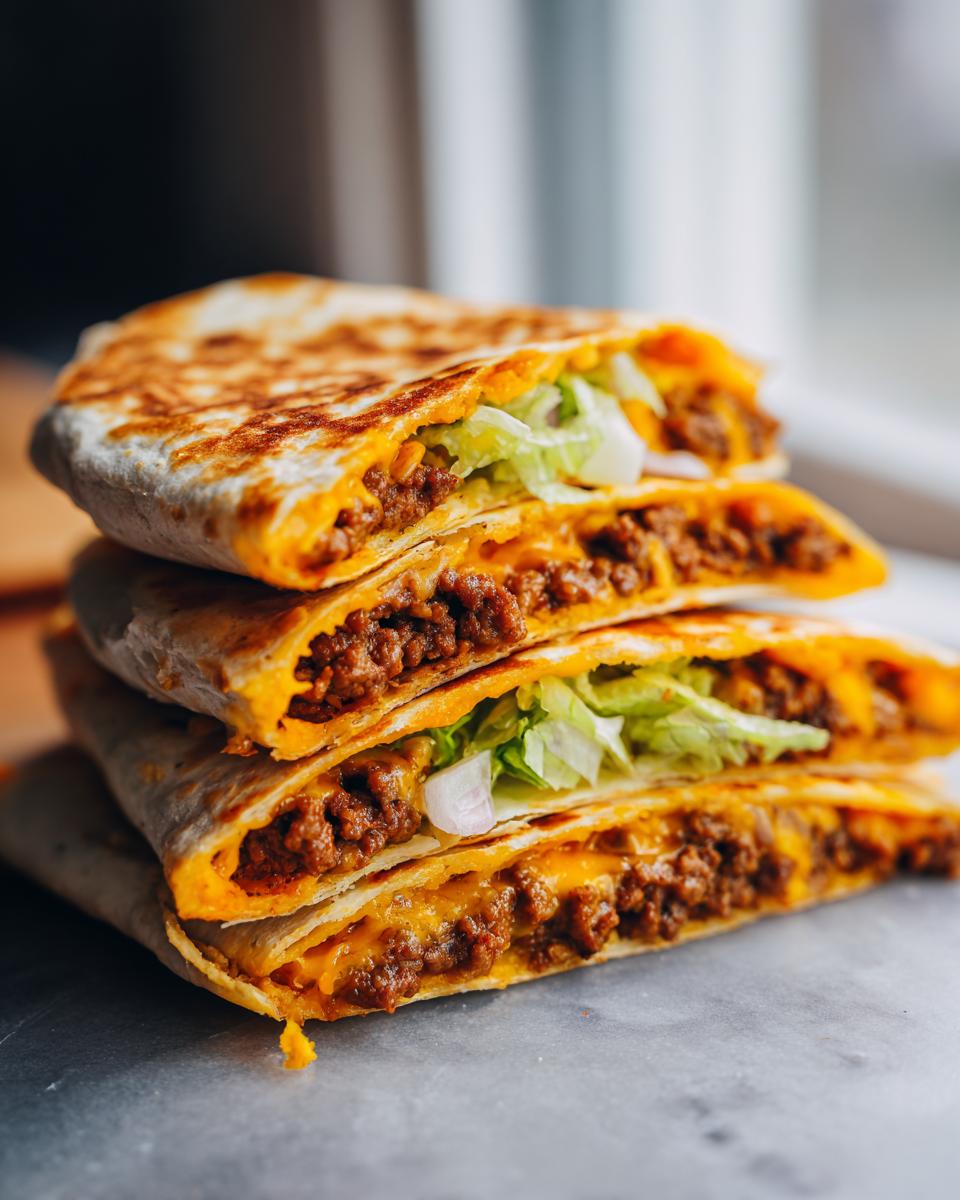 A stack of three homemade ground beef crunchwraps, filled with seasoned ground beef, melted cheese, and shredded lettuce.