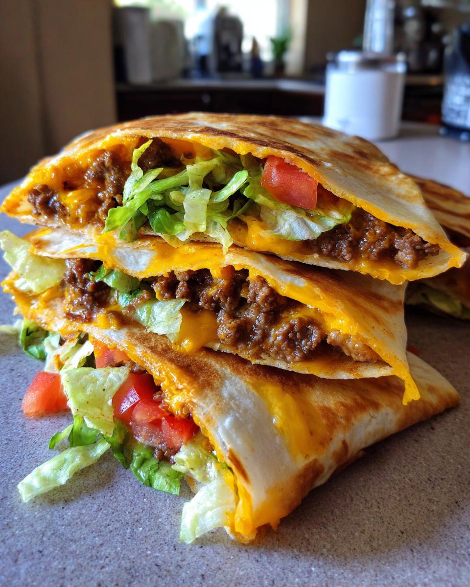 A stack of three homemade ground beef crunchwraps filled with seasoned ground beef, melted cheese, shredded lettuce, and diced tomatoes.