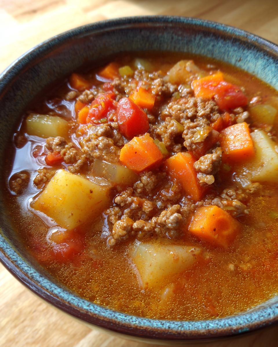 Close-up of a steaming bowl of hamburger soup with ground beef, potatoes, carrots, and tomatoes.