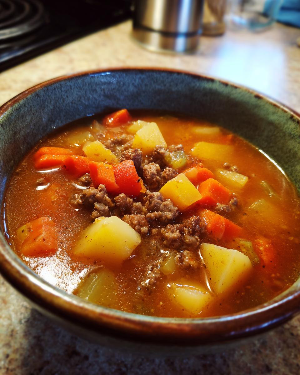A close-up of a bowl of hearty hamburger soup, featuring ground beef, potatoes, and carrots in a rich broth.