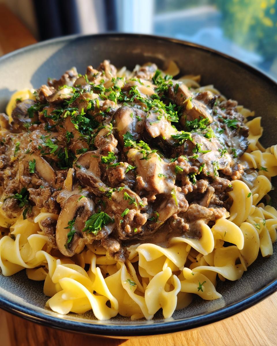 A close-up of a bowl filled with egg noodles topped with creamy beef stroganoff and mushrooms, garnished with parsley.