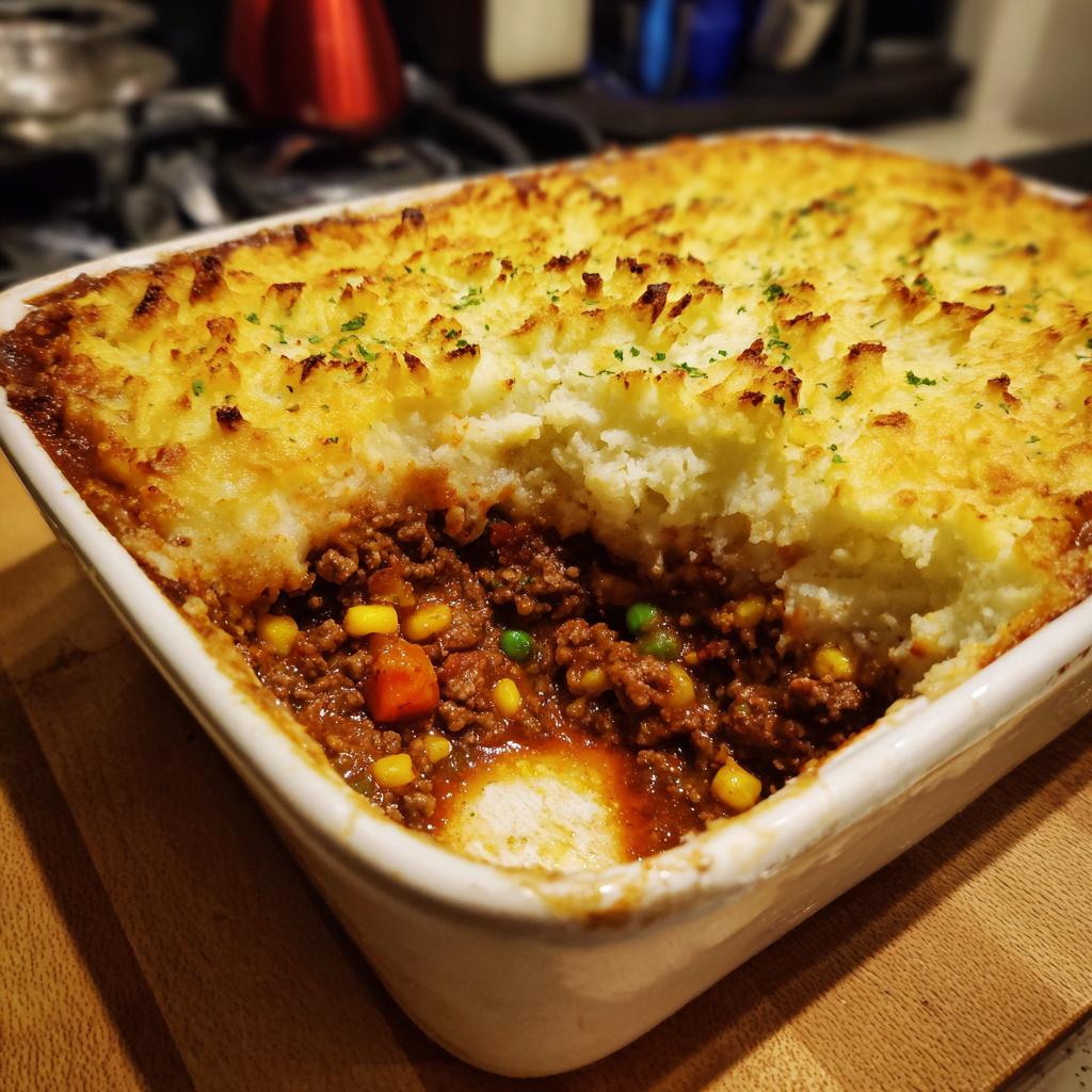 A close-up of a rich and hearty Shepherd's Pie made with ground beef and topped with mashed potatoes.