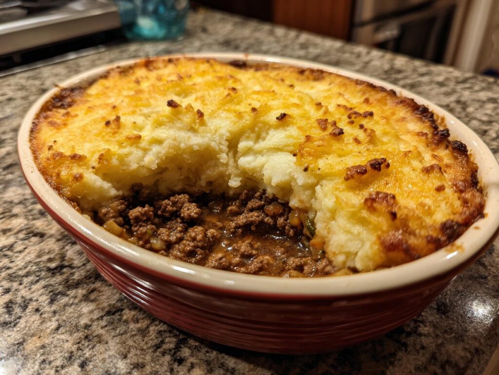 A close-up of a rich and hearty shepherds pie made with ground beef and mashed potato topping.