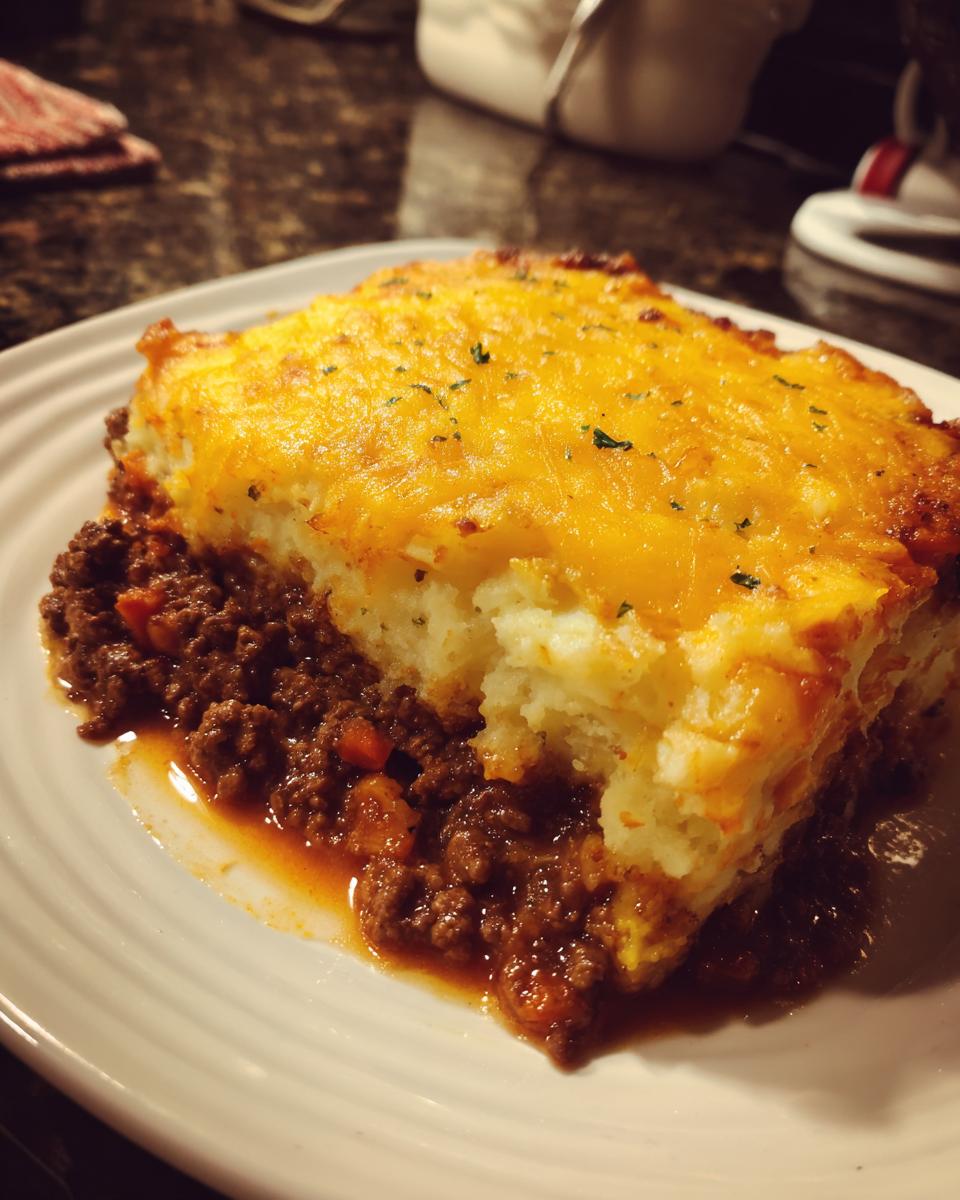 A slice of rich and hearty Shepherd's Pie made with ground beef and topped with melted cheese.