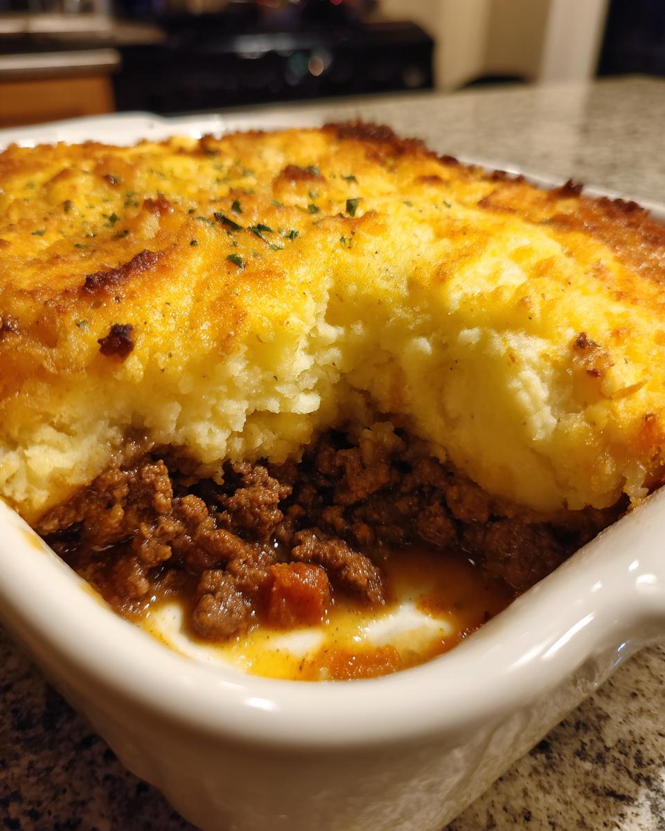 A close-up of a rich and hearty Shepherd's Pie made with ground beef and a mashed potato topping.