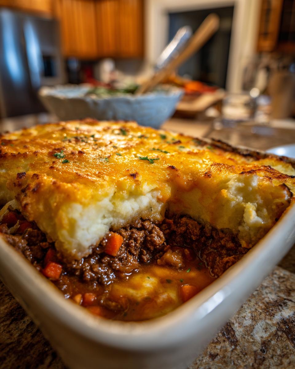 A close-up of a rich and hearty Shepherd's Pie made with ground beef, topped with golden mashed potatoes.