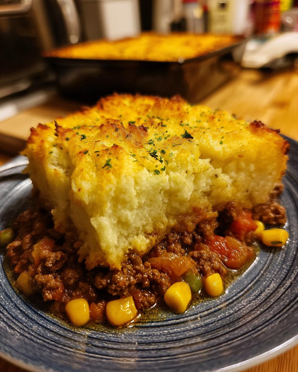 A generous slice of shepherd's pie, featuring a rich ground beef filling topped with golden mashed potatoes.