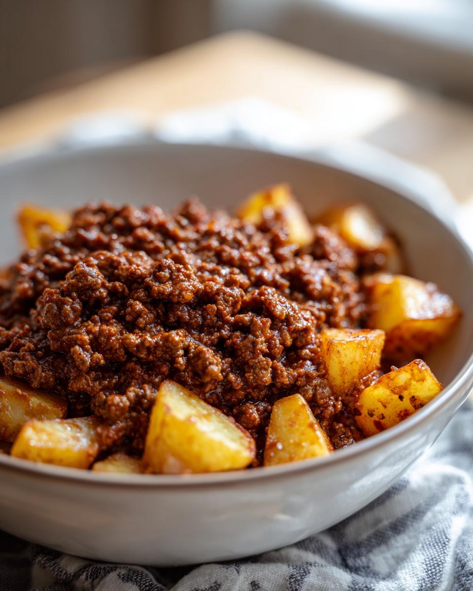 A close-up of a bowl filled with ground beef sloppy joe mixture and crispy potato wedges.