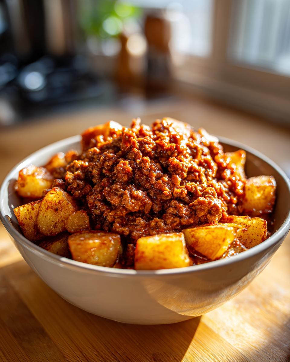 A close-up of a bowl filled with crispy potatoes and topped with savory ground beef sloppy joe mixture.