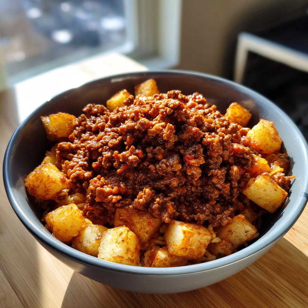 A close-up of a bowl filled with crispy potatoes topped with savory ground beef sloppy joe mixture.