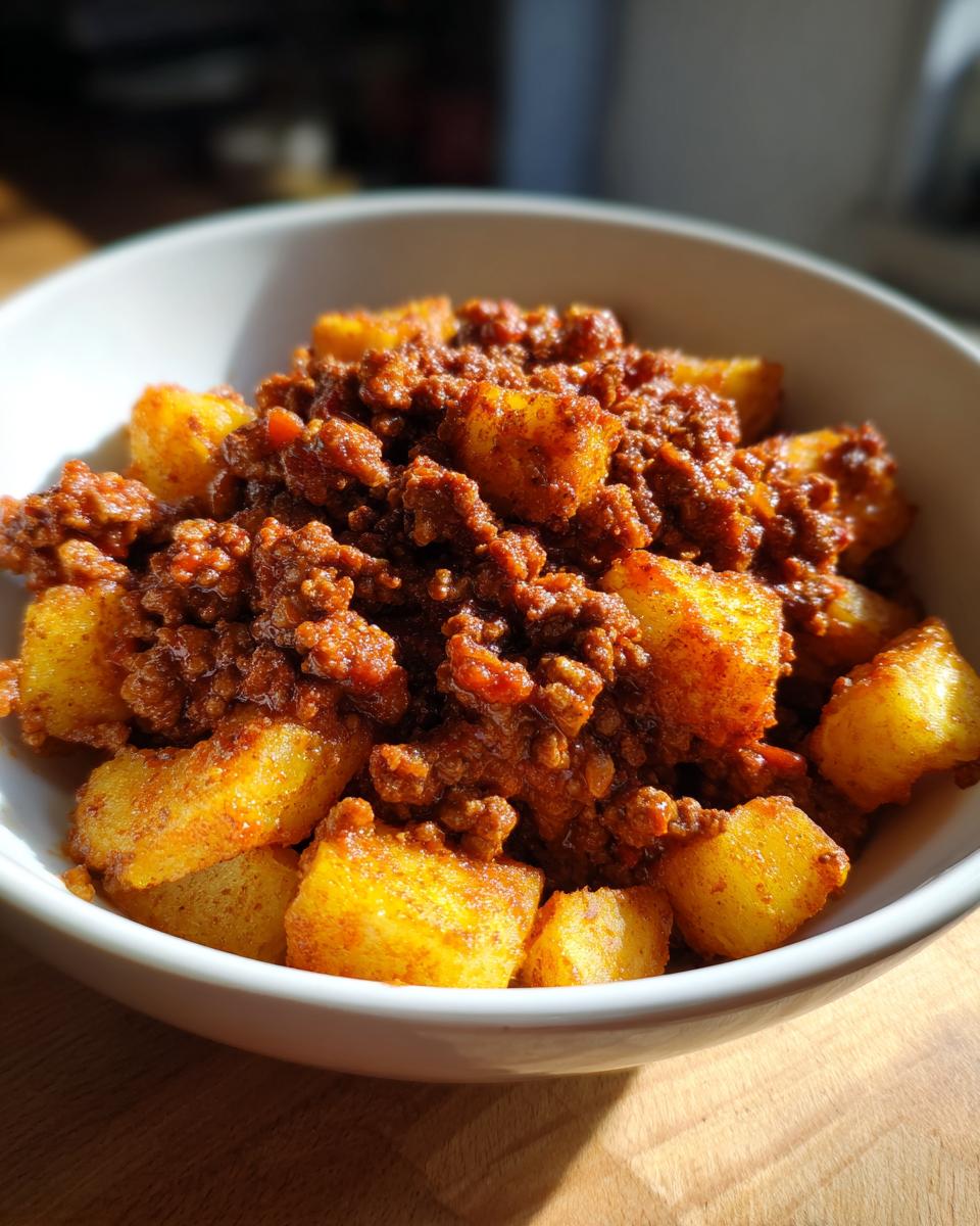 A close-up shot of a white bowl filled with ground beef recipes for sloppy Joe bowls topped with crispy potatoes.