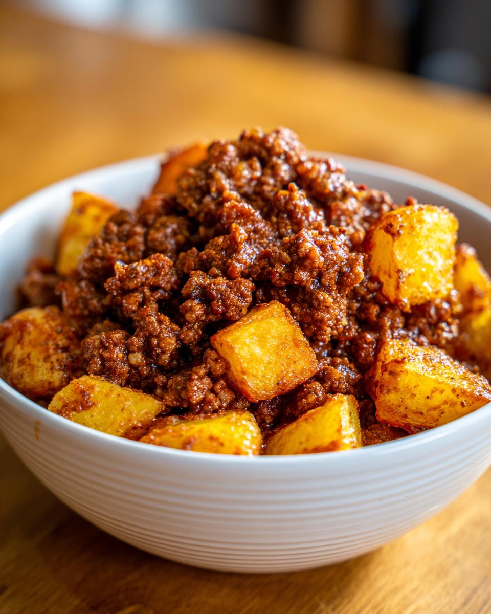 A white bowl filled with ground beef sloppy joe mixture and crispy potato cubes. Ground beef recipes for sloppy joe bowls with crispy potatoes.