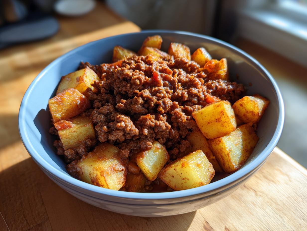 A blue bowl filled with ground beef sloppy joe mixture and crispy potato cubes, a delicious ground beef recipe.