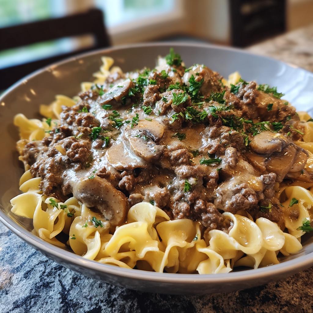 A close-up of a bowl filled with creamy beef stroganoff, featuring ground beef, mushrooms, and egg noodles, garnished with parsley.