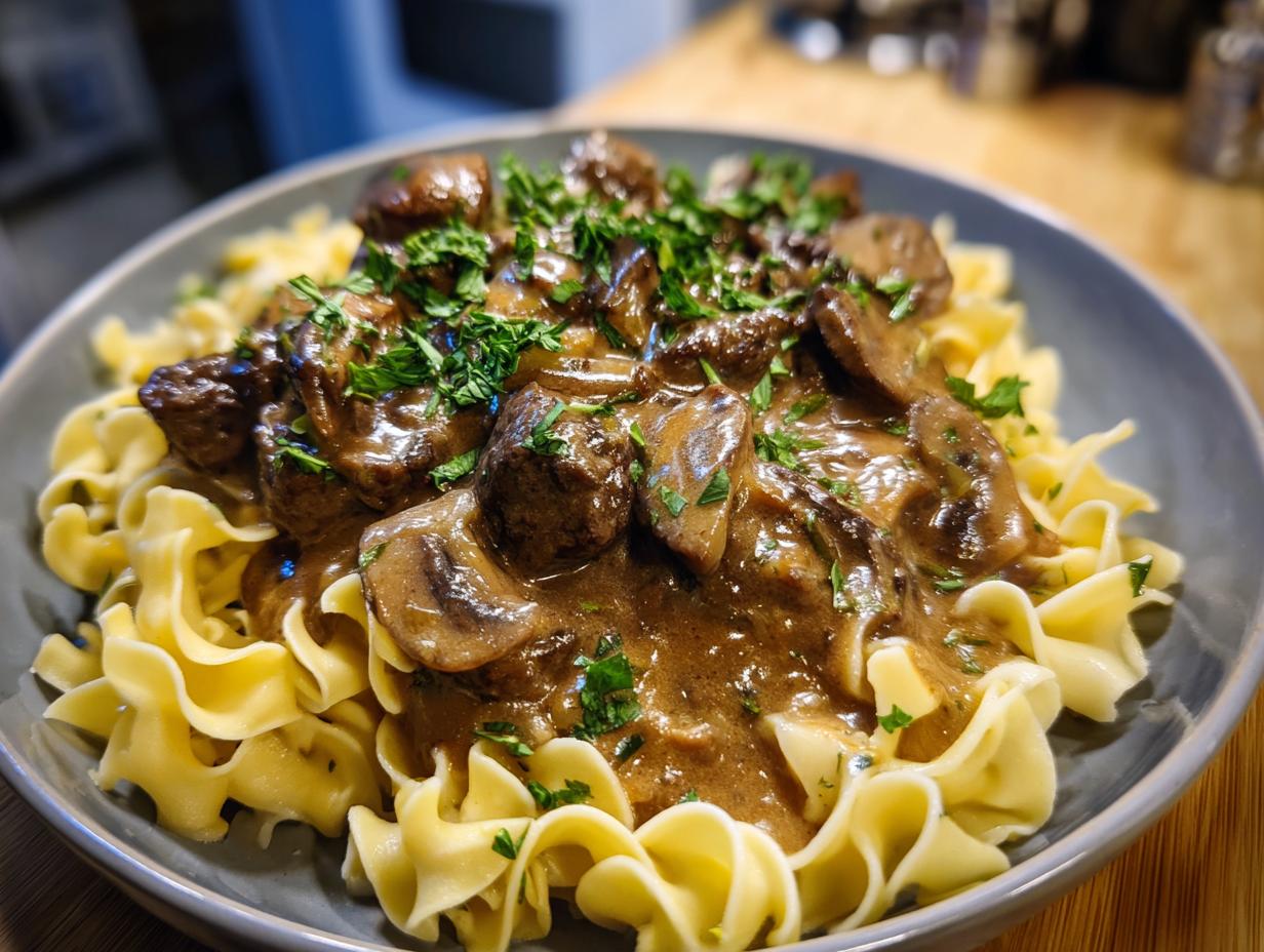 A close-up of a creamy beef stroganoff skillet meal served over egg noodles and garnished with fresh parsley.