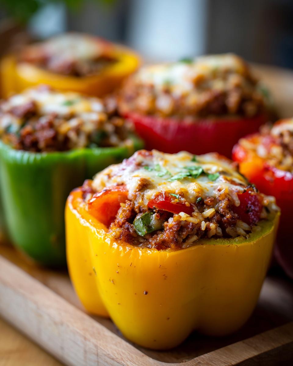 Close-up of colorful stuffed bell peppers filled with seasoned ground beef and rice, topped with melted cheese.