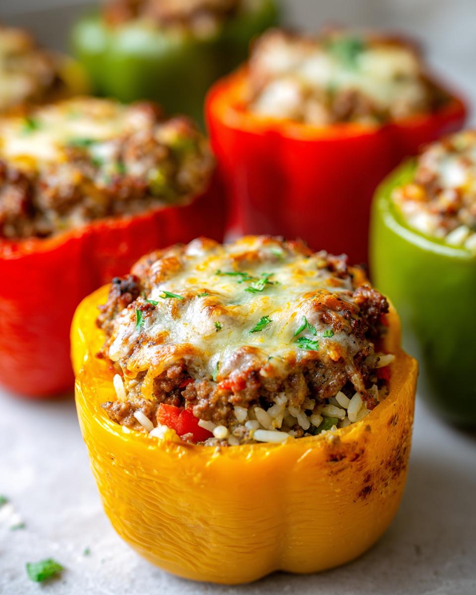 Close-up of a yellow bell pepper stuffed with ground beef, rice, and topped with melted cheese.