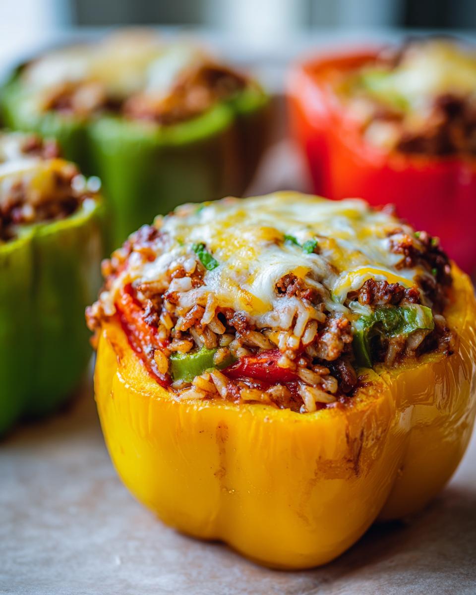 Close-up of a yellow bell pepper stuffed with ground beef, rice, and topped with melted cheese.