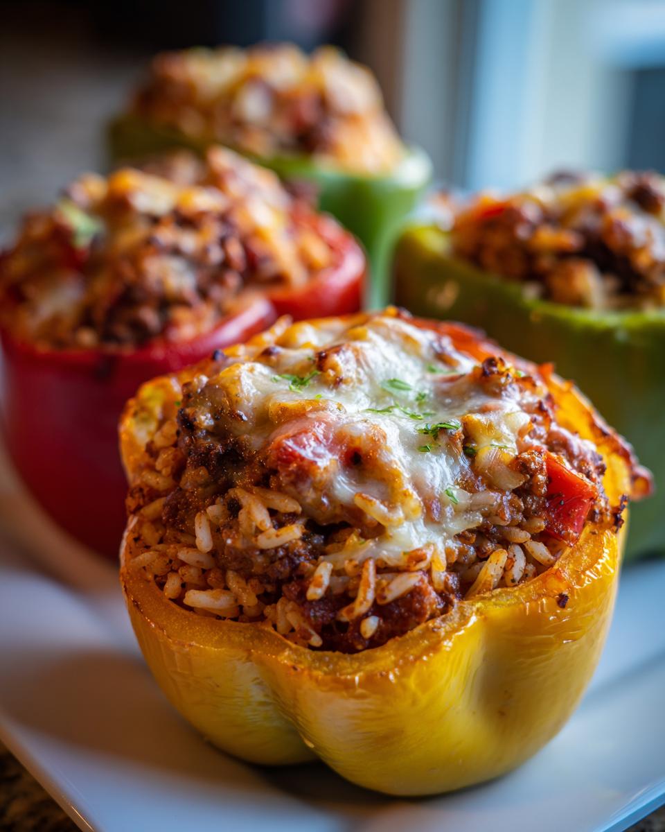 Close-up of a yellow bell pepper stuffed with ground beef, rice, and topped with melted cheese.