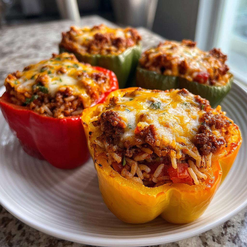 Four colorful stuffed bell peppers filled with seasoned ground beef and rice, topped with melted cheese.