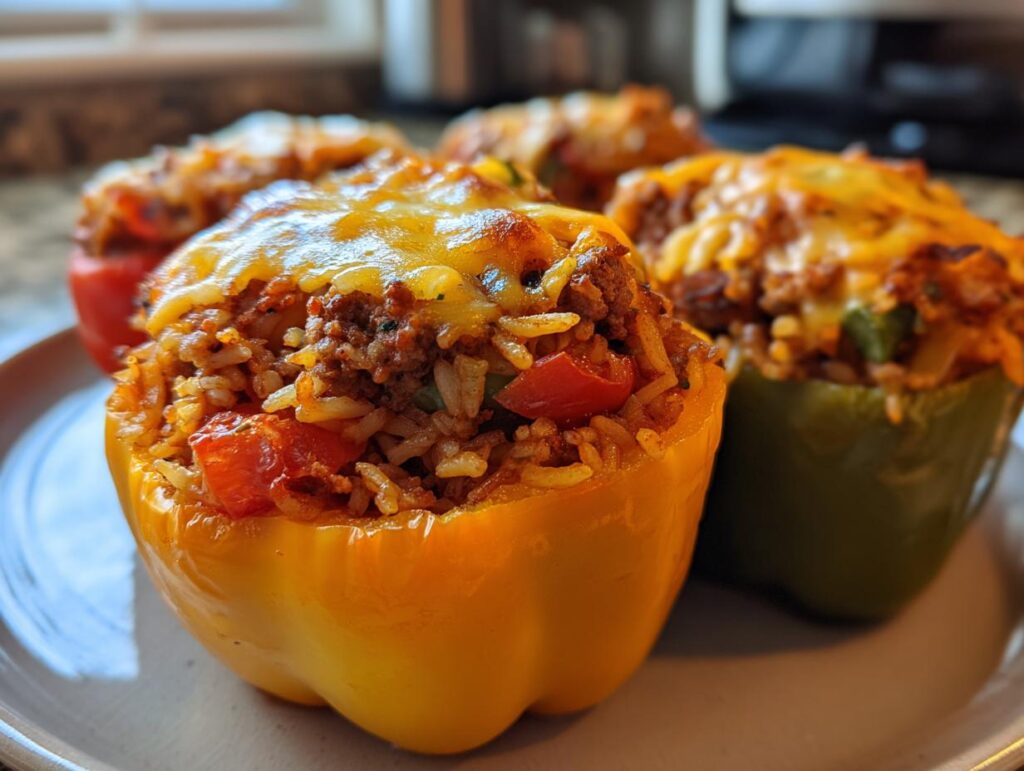 Close-up of colorful stuffed bell peppers filled with ground beef and rice mixture, topped with melted cheese.