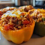 Close-up of colorful stuffed bell peppers filled with ground beef and rice mixture, topped with melted cheese.