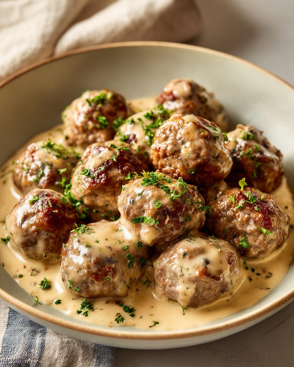 A bowl of delicious Swedish meatballs covered in a creamy sauce and garnished with parsley.